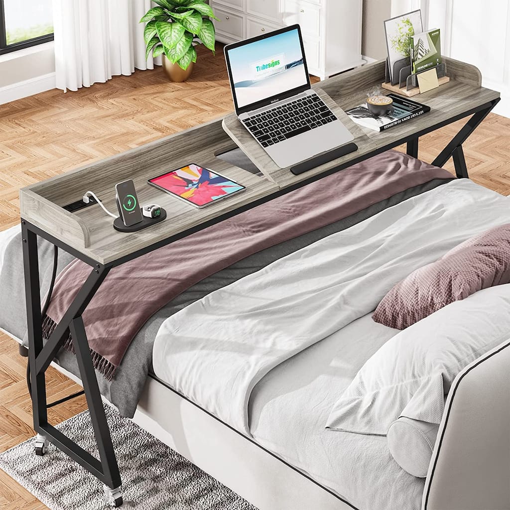 70.9" Overbed Table, Rolling Over Bed Desk with Outlets & 2 USB Ports