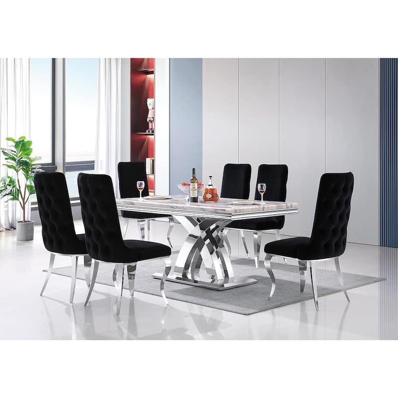 Silver Dining Room Table Set with 65 inch Table and Black Velvet Dining Chairs - Table with 6 Chairs - Silver