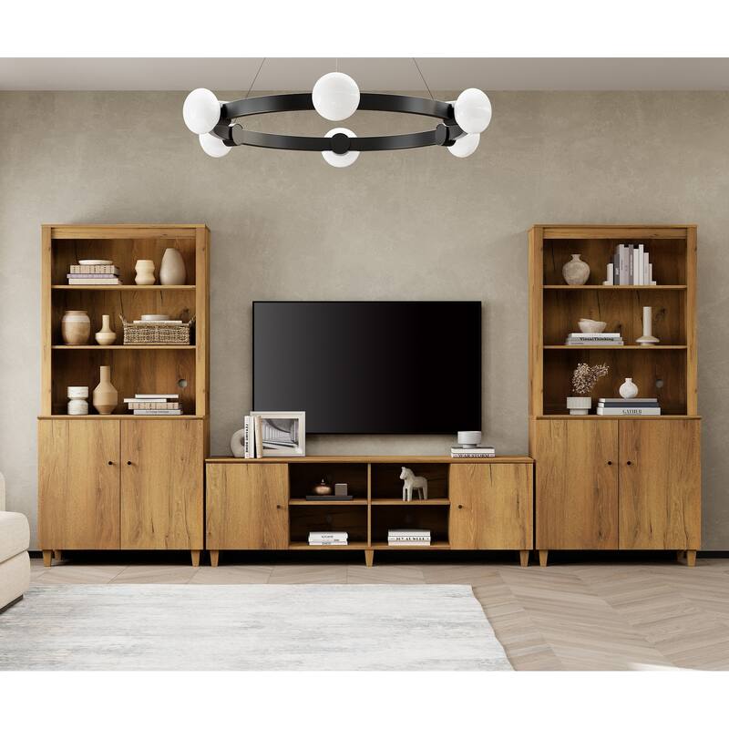 WAMPAT TV Stand and Bookcase Set with Cabinets & Shelves for 75" TVs - Oak Brown