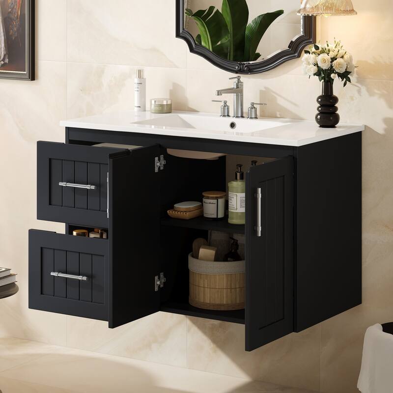 36" Wall Mounted Bathroom Vanity with 2 Drawers, Floating Vanity with Ceramic Sink & Adjustable Shelf, Modern Bathroom Storage