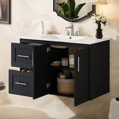 36" Wall Mounted Bathroom Vanity with 2 Drawers, Floating Vanity with Ceramic Sink & Adjustable Shelf, Modern Bathroom Storage