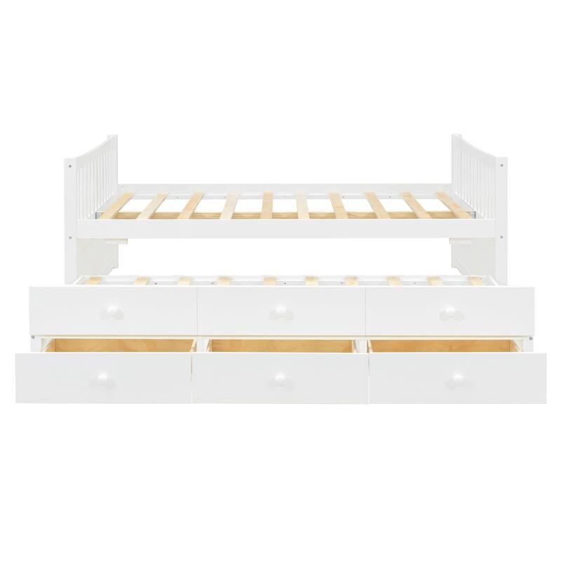 Full Size White Daybed with Twin Trundle and Drawers for Extra Sleeping Space
