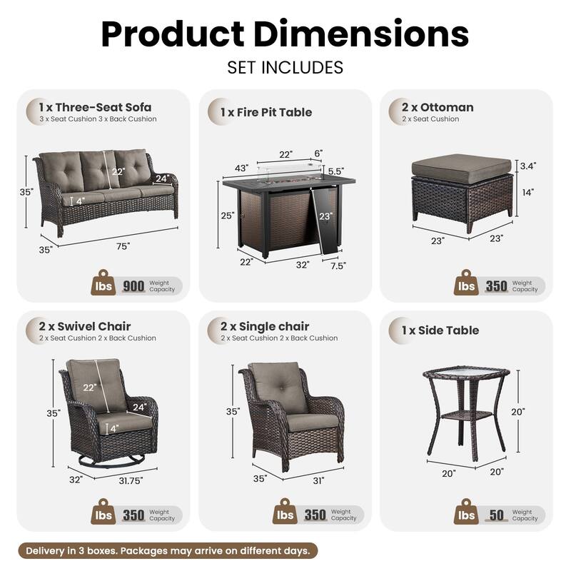 Gymojoy 10-Piece Outdoor Wicker Patio Set with Swivel Glider Chairs & 55,000 BTU Fire Pit Table for Garden, Backyard, Poolside