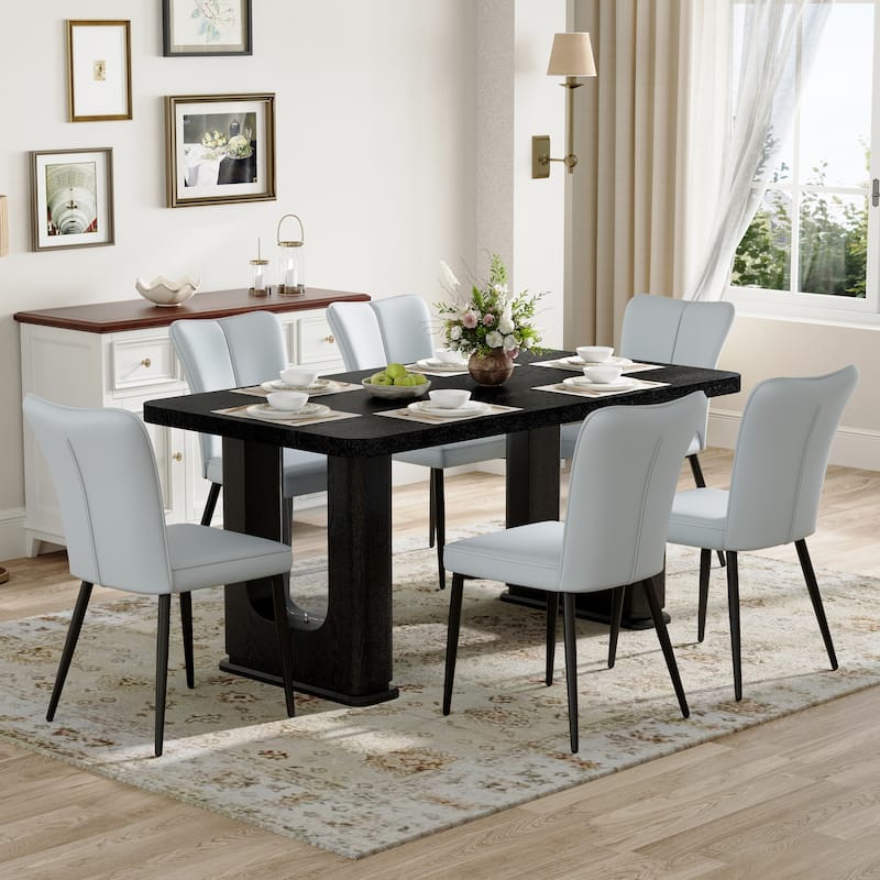 Dining Table Set for 6, Rectangular Dining Room Table Set for 6, Kitchen Table and 6 PU Chairs, 64" Wood Table Set with Textured