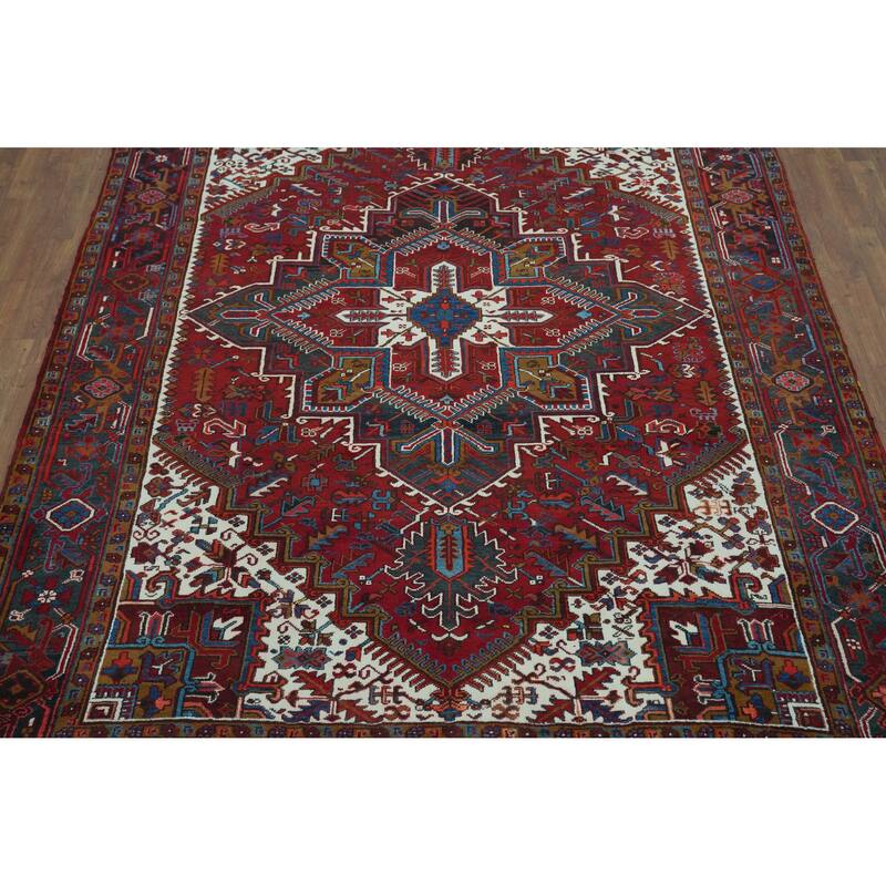 Red Geometric Heriz Serapi Persian Vintage Rug Handmade Wool Carpet - 7'5" x 9'11"