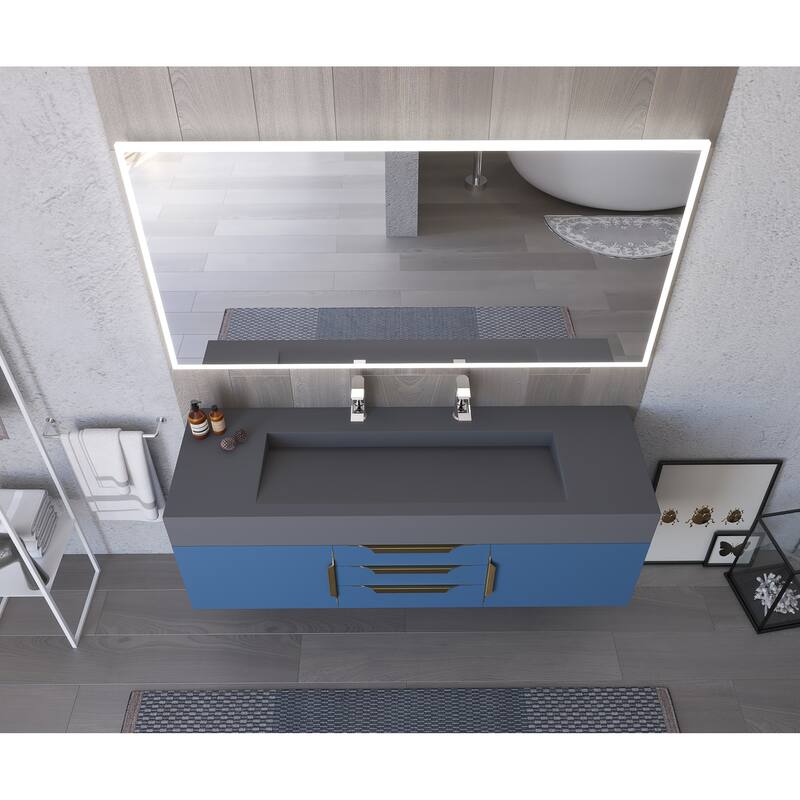 Nile 60" Wall Mounted Bathroom Vanity Set with Gray Solid Surface Top