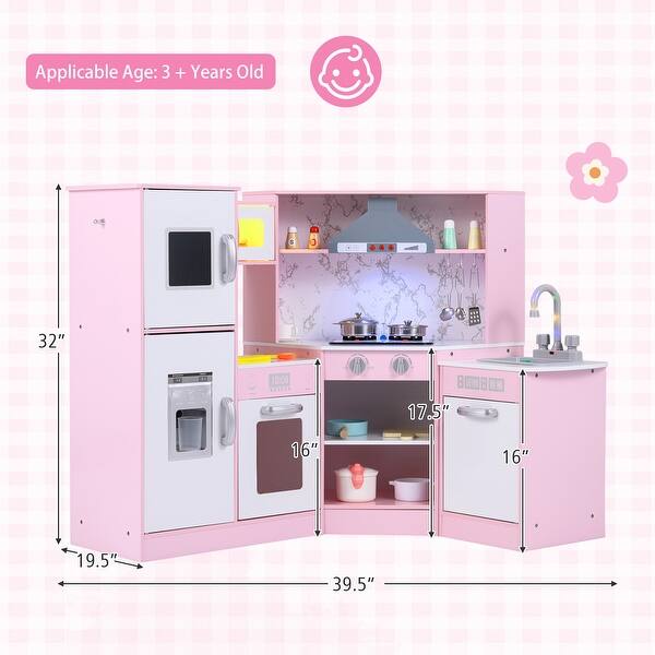 Gymax Kids Corner Kitchen Playset Wooden Pretend Play Toy w/ Microwave