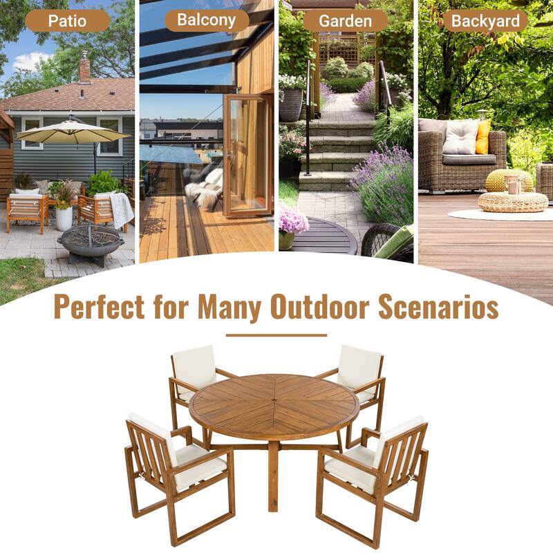 5 Piece Acacia Wood Dining Set with 4 Armchairs and a Table for Garden