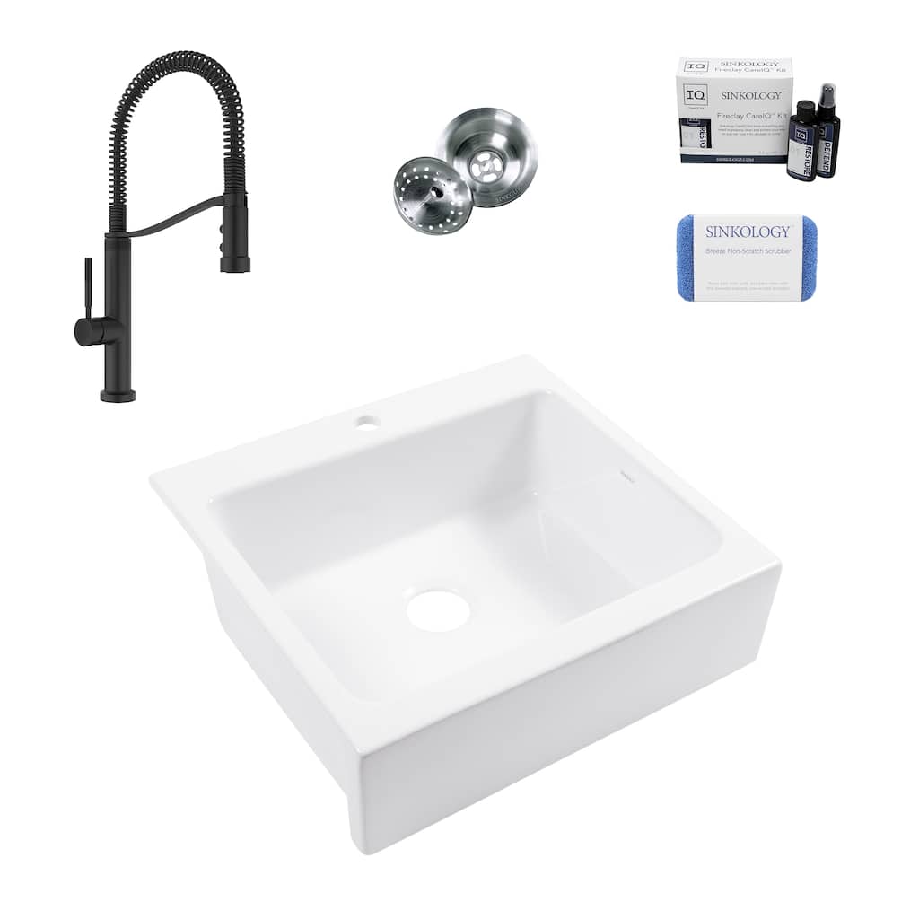Parker Crisp White Fireclay 26" Quick-Fit Farmhouse Apron Front Drop-In Single Bowl Kitchen Sink (1 Hole) with Black Faucet Kit