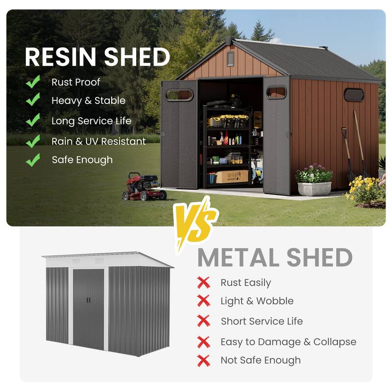 8' x 8' / 8' x 10'/ 8' x 12' Outdoor Resin Storage Shed with Lockable Doors and Air Vents for Garden