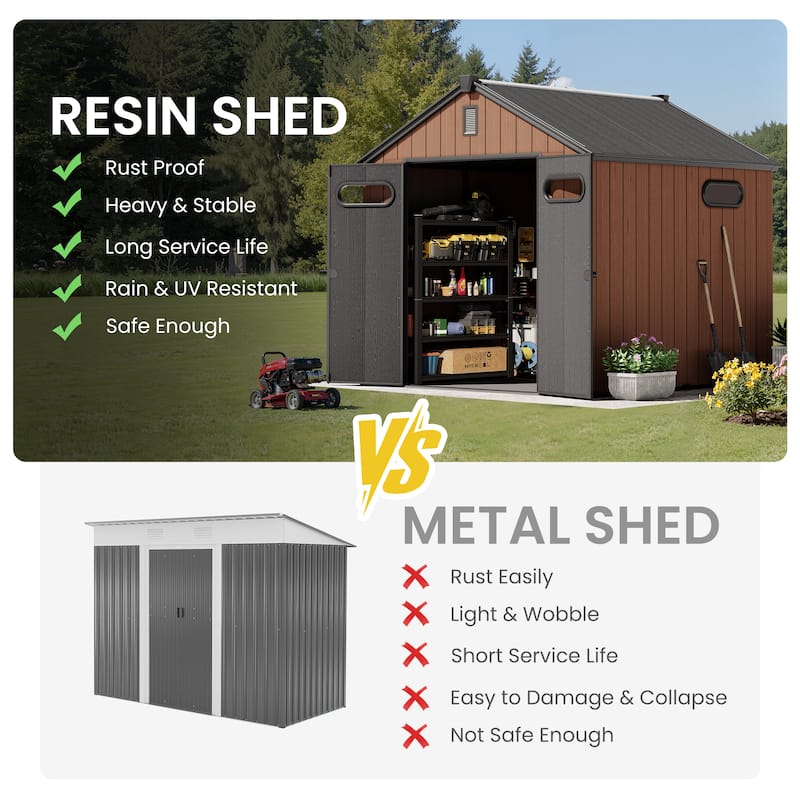 Outdoor Resin Storage Shed with Floor, Garden Shed with Lockable Door, Windows & Vents, Outside Tool Storage Shed