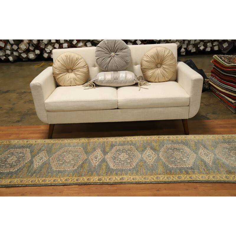 Hand Knotted Oriental 100% Wool Carpet Traditional Geometric Greys & Charcoal Viss Runner Rug - 9' 10'' X 2' 7''