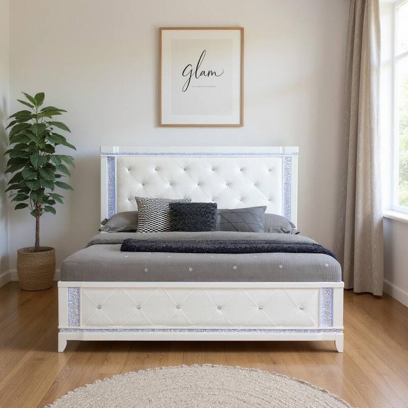HomeRoots White Faux Crystal Bling Wood And Tufted Cotton Lighted King Bed Frame - King