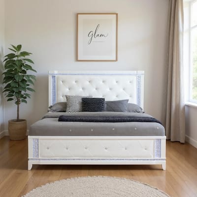 HomeRoots White Faux Crystal Bling Wood And Tufted Cotton Lighted King Bed Frame