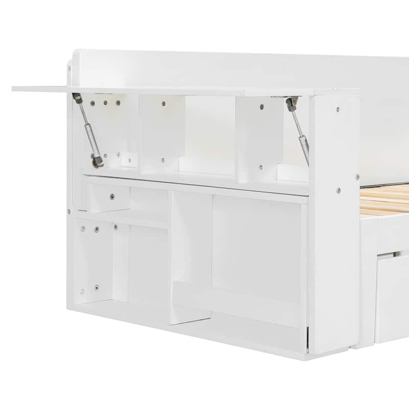 Queen Size 4-in-1 Daybed with Storage Drawers Desk Hydraulic Armrests