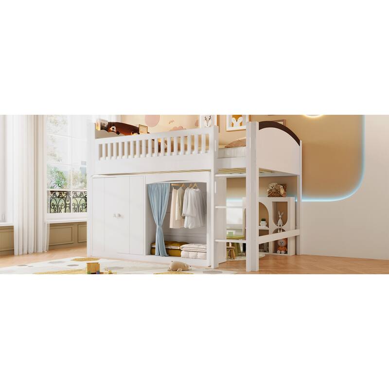 Roomfitters Twin/Full Size Loft Bed with Storage Cabinet, Wardrobe and LED Light