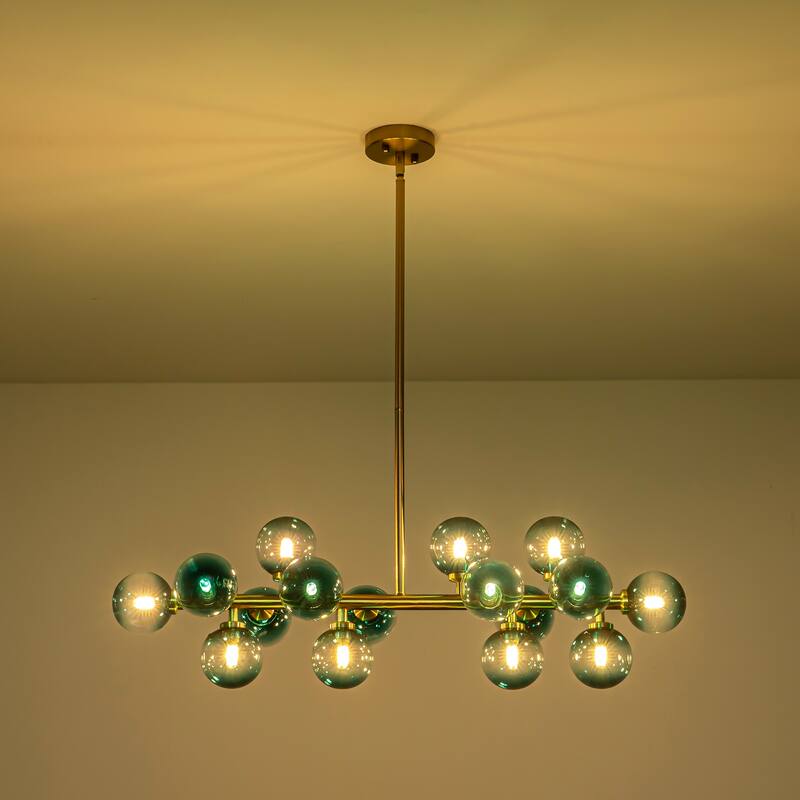 16-Light Modern Linear Cluster Gradient Blue Glass Globe Bubble Chandelier - 36.2 in. W x 11 in. H