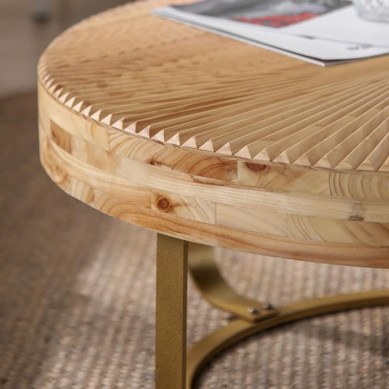 Modern Round Coffee Table with Carved Wood Top and Metal Legs
