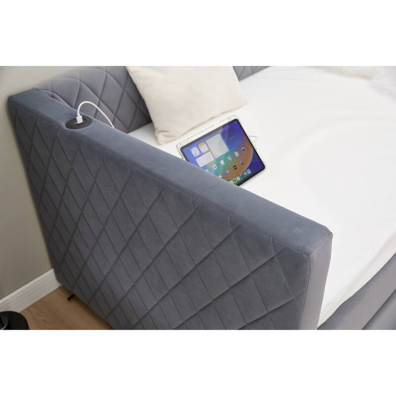 Twin Size Upholstered Daybed with Trundle, Velvet Sofa Bed with USB Port & Side Pockets, Modern V-Grained Backrest Guest Bed