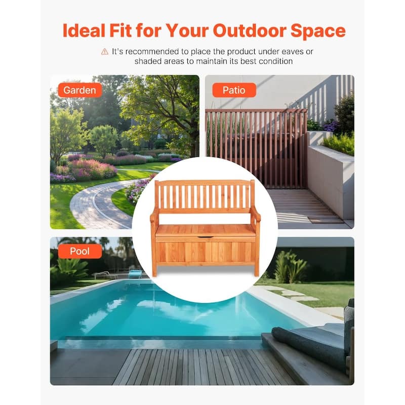 2-in-1 Wooden Patio Storage Bench with Pneumatic Rod and Deck Box Seat for Garden Pool Backyard - 42.9” × 23.03” × 35.5”