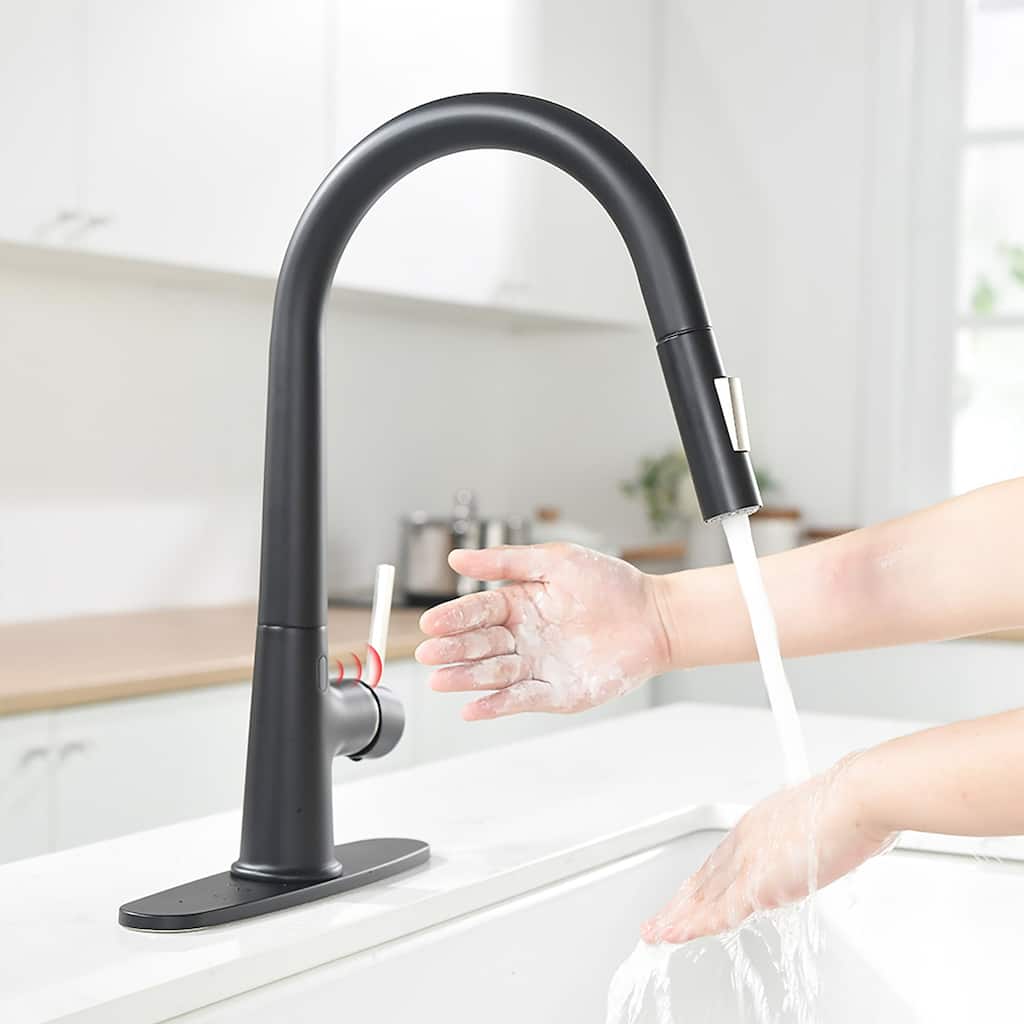 Matte Black Touchless Pull-Out Single-Handle Kitchen Faucet with Deck Plate