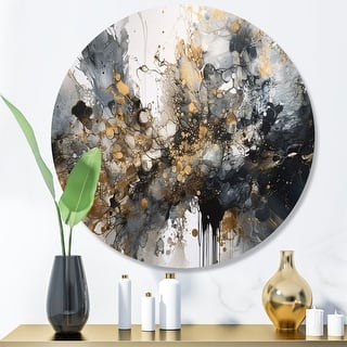 Designart "Grey Gold Delicate Abstract Brushstrokes V" Abstract Marble Metal Round Wall Art