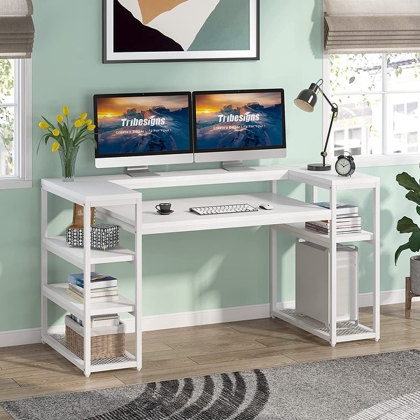 63 inch Computer Desk with Open Storage Shelves and Monitor Shelf