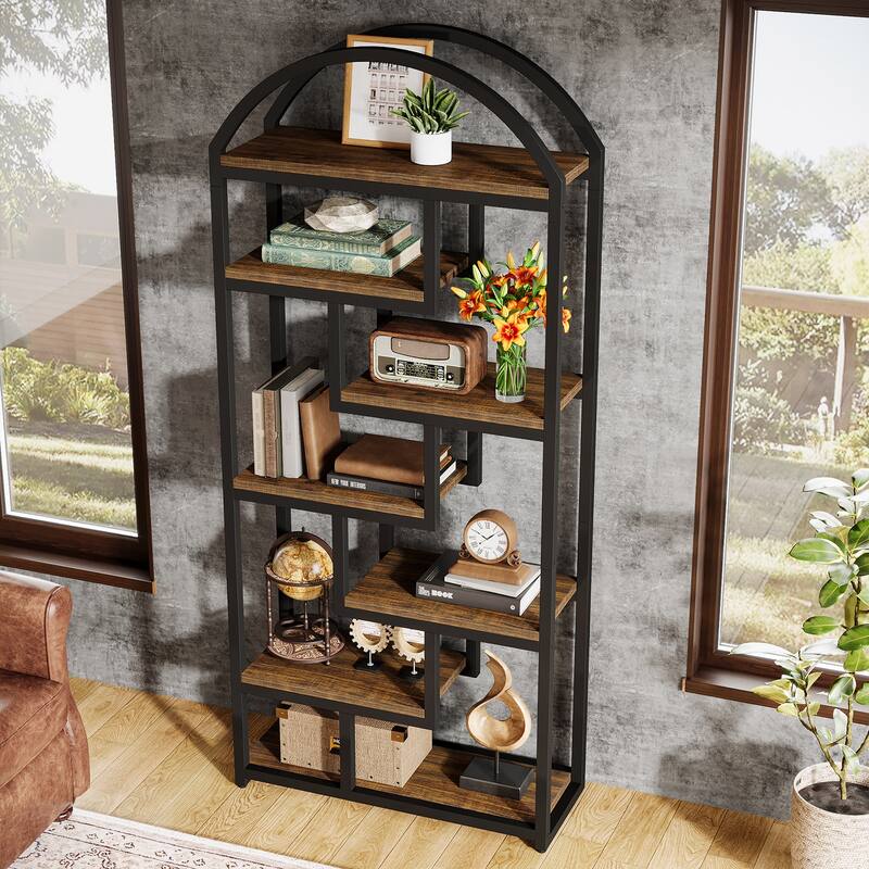 71" Tall Arched Bookshelf, Etagere Bookcase with Open Display Shelves