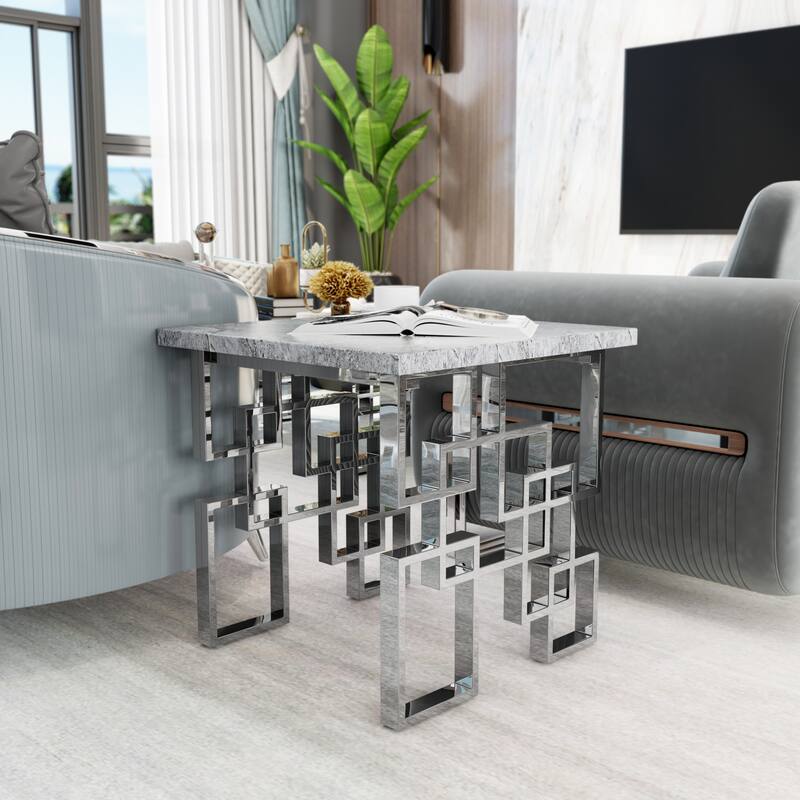 24 inch Gray Faux Marble and Silver End Table Couch Side Table