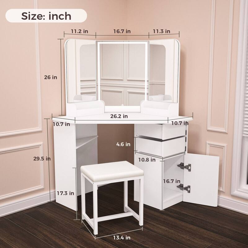 KEONJINN Corner Vanity Desk Set with Lighted Mirror & Matching Chair, Bedroom Storage - White - 56INx47IN