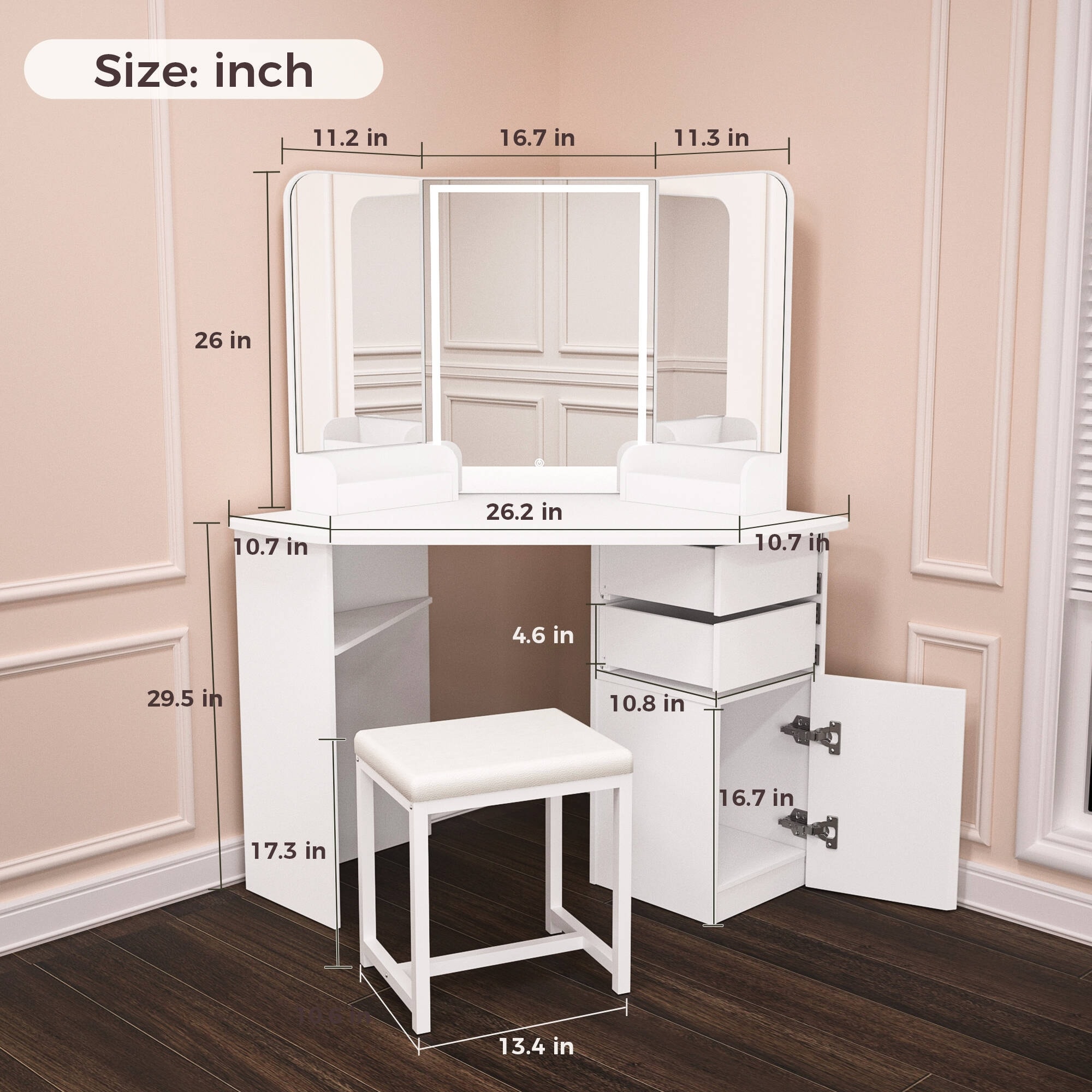 KEONJINN Corner Vanity Desk Set with Lighted Mirror Matching Chair Bedroom Storage White 56INx47IN On Sale Bed Bath Beyond 40275050