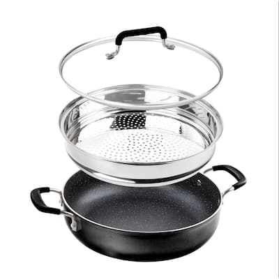 Granitestone Black 3 Piece Nonstick 5.5 Qt Everyday Pan with Lid and Steamer Insert - Speckled Multipurpose Cookware Set