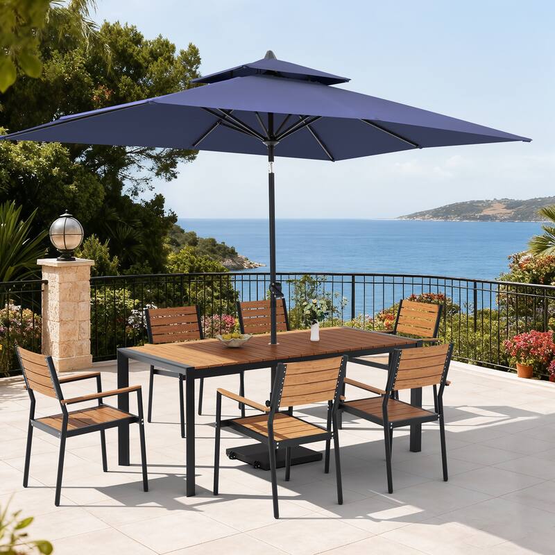 Set of 9 Outdoor Patio Dining Set WoodLike Aluminum Umbrella Hole Table with Stackable Armchairs, Double Top Market Umbrella Set - BrownTable&BrownChairs&NavyBlueUmbrella