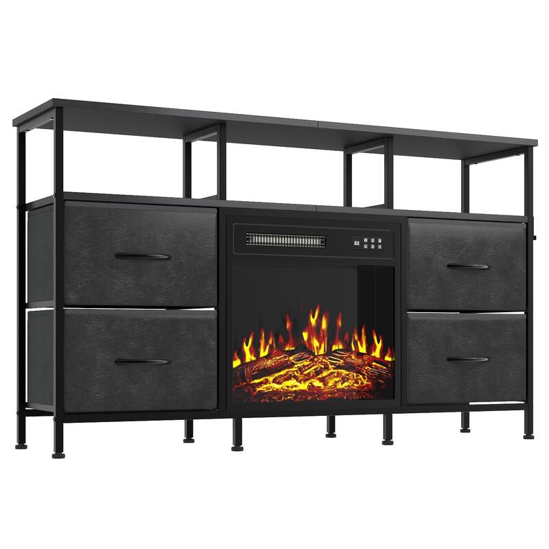 BOSSIN Fireplace TV Stand & Entertainment Center with LED Lights, 4 PU Leather Drawers, Open Shelves, and Built-in Power Outlets - Black