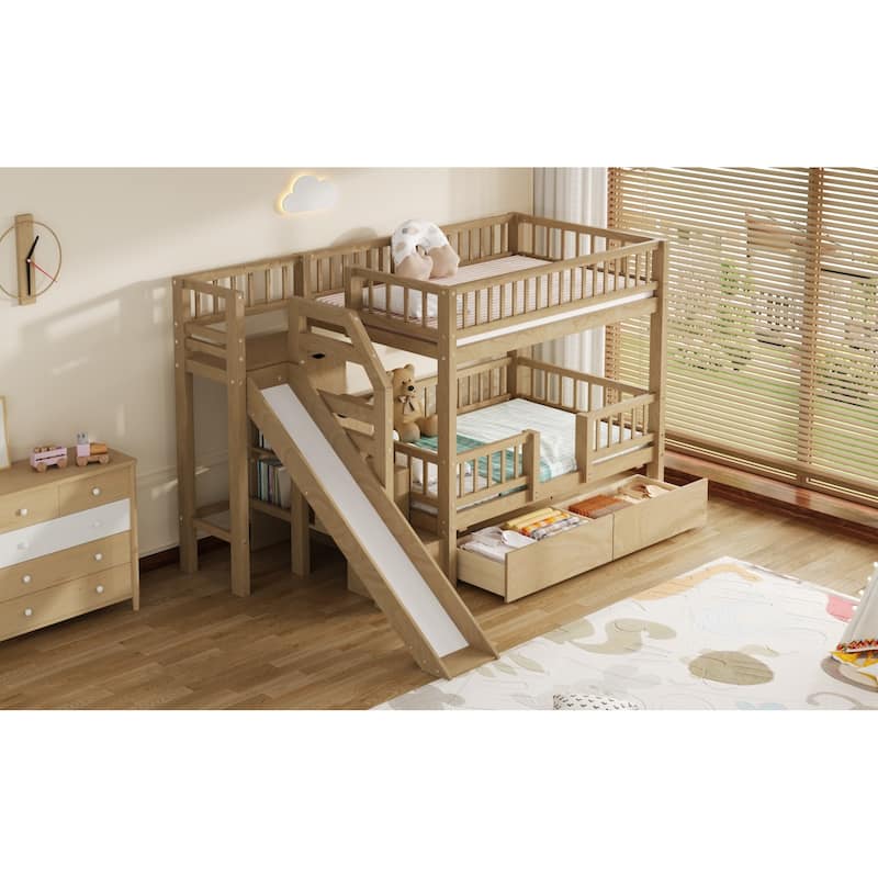 Roomfitters Twin Over Twin Bunk Bed with Slide, Storage Staircase and Drawers