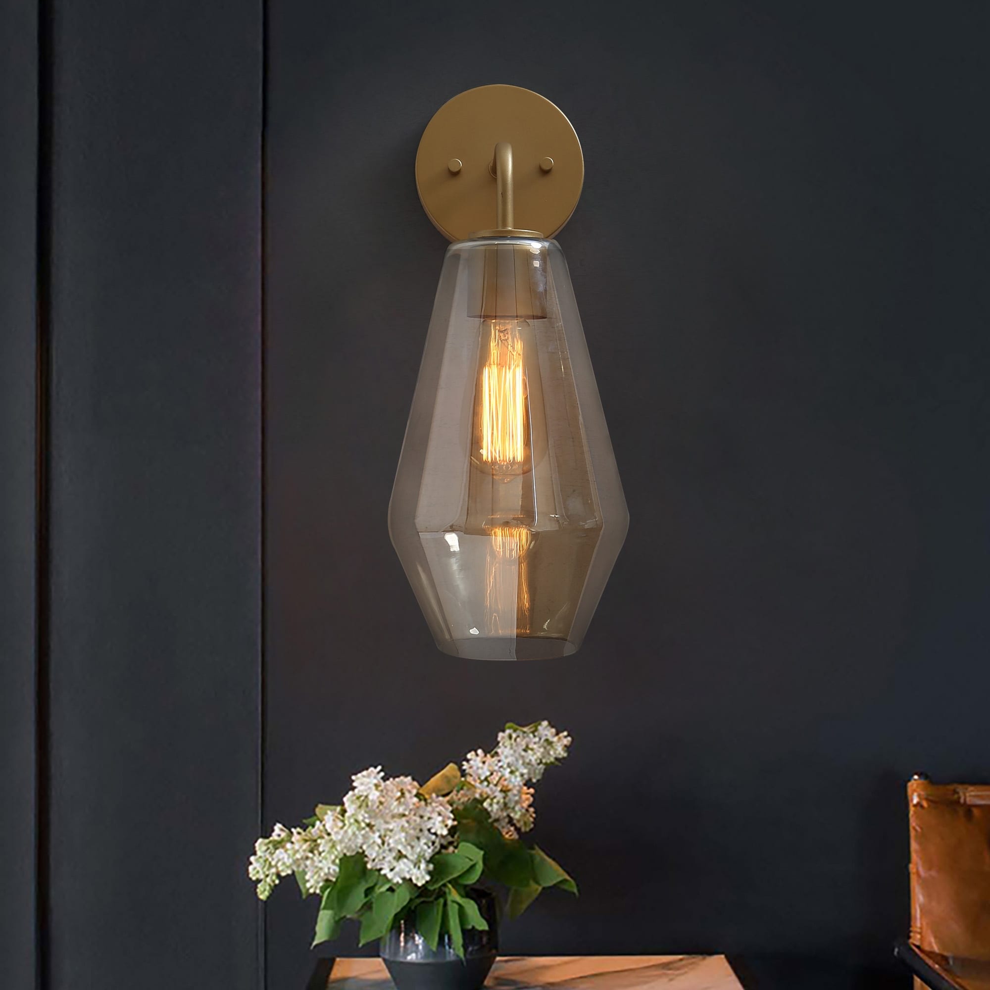 Cionar Modern Glam Gold 1-Light Cylinder Art Deco Bathroom Wall Sconce with Smoked Glass - L9"x W7"x H16"