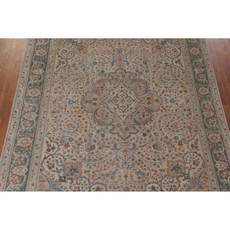 Hand Knotted Oriental 100% Wool Carpet Traditional Floral Beige & Ivories Tabriz Area Rug - 12' 3'' X 9' 8''