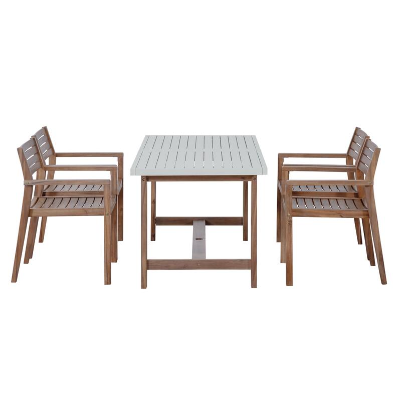 5-Piece Outdoor Acacia Wood Dining Set with Rectangular Table and Umbrella Hole for Family Gatherings
