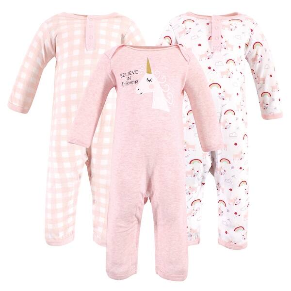 slide 1 of 1, Luvable Friends Baby Girl Cotton Coveralls 3pk, Unicorn 0 - 3 Months - Pink