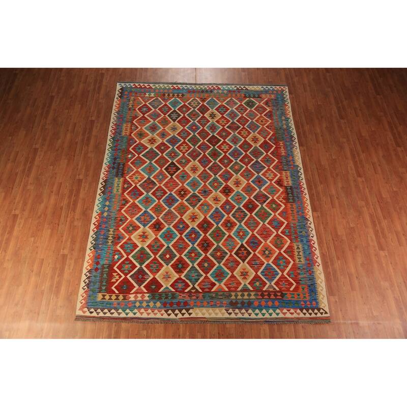 Trellis Kilim Oriental Area Rug Hand-Woven Orange Wool Carpet - 8'5"x 11'5"