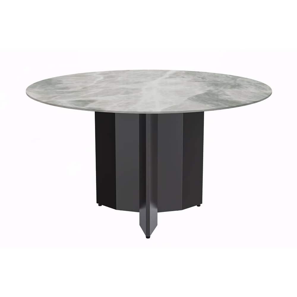 Zevro Mid-Century Modern Round Sintered Stone/Glass Dining Table with Steel Column Base for Dining Rooms and Kitchen