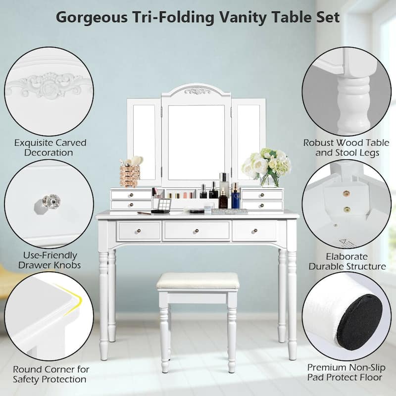 Gymax 7 Drawers Vanity Set Dressing Table w/ Tri-Folding Mirror White