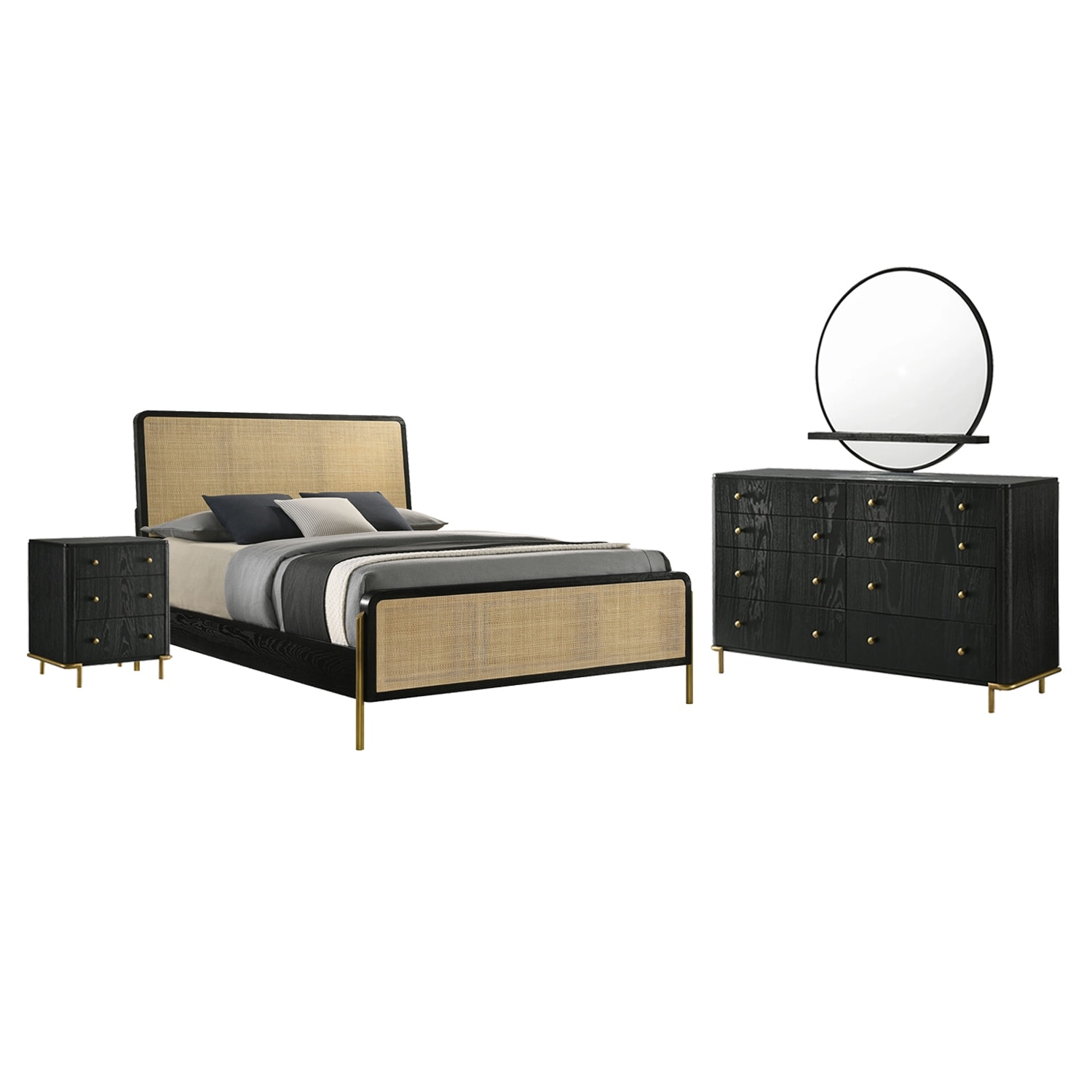 Woven Rattan Eastern King Bedroom Set in Black and Natural