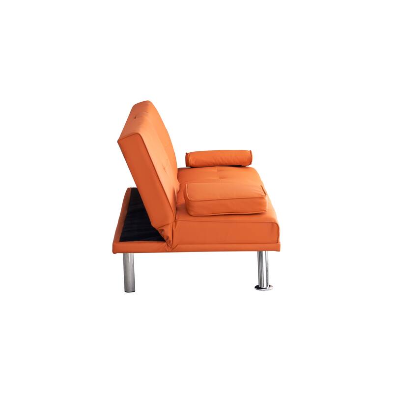 67" Orange PVC Multifunctional Office Sofa Bed with Coffee Table