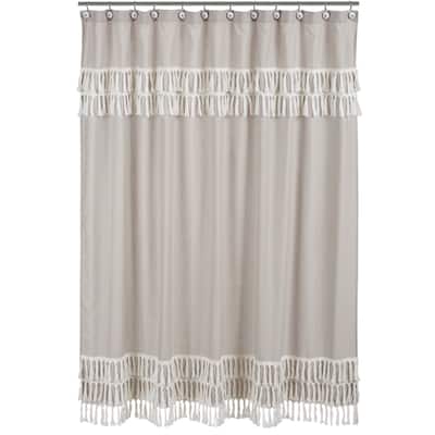 Boho Bohemian Bathroom Fabric Bath Shower Curtain - Solid Taupe Beige Ivory Cream Linen Farmhouse Shabby Chic Fringe Neutral