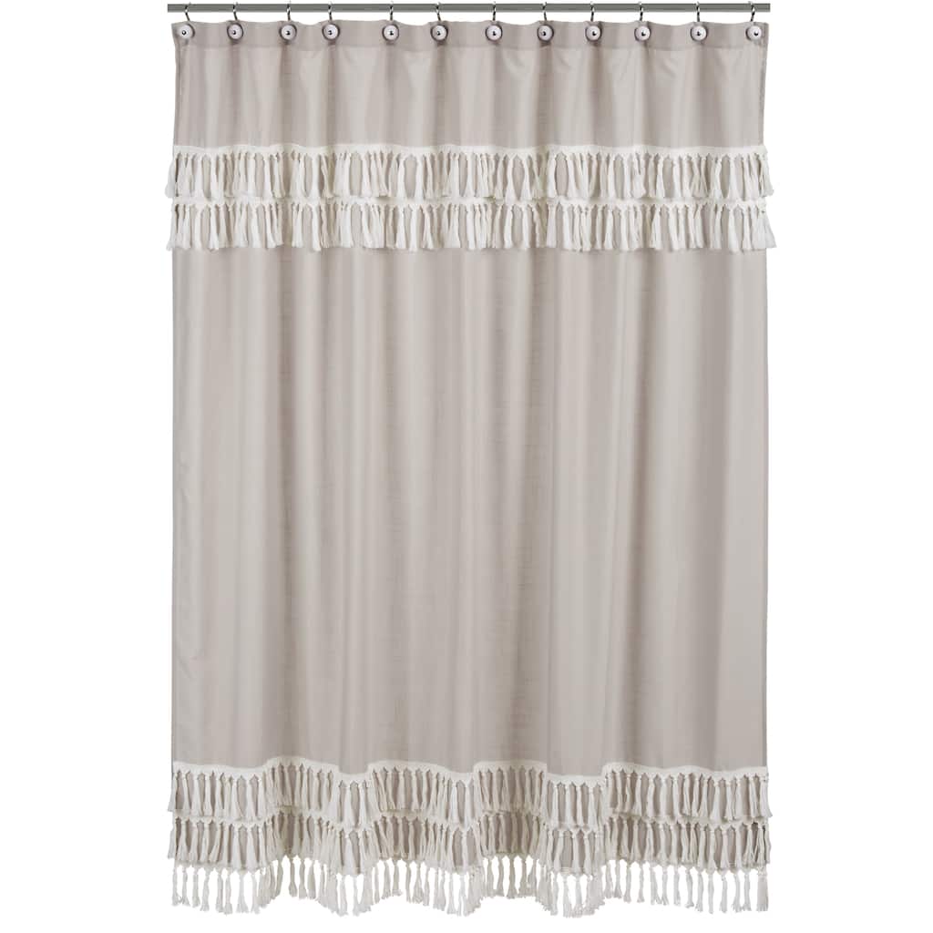 Boho Bohemian Bathroom Fabric Bath Shower Curtain - Solid Taupe Beige Ivory Cream Linen Farmhouse Shabby Chic Fringe Neutral