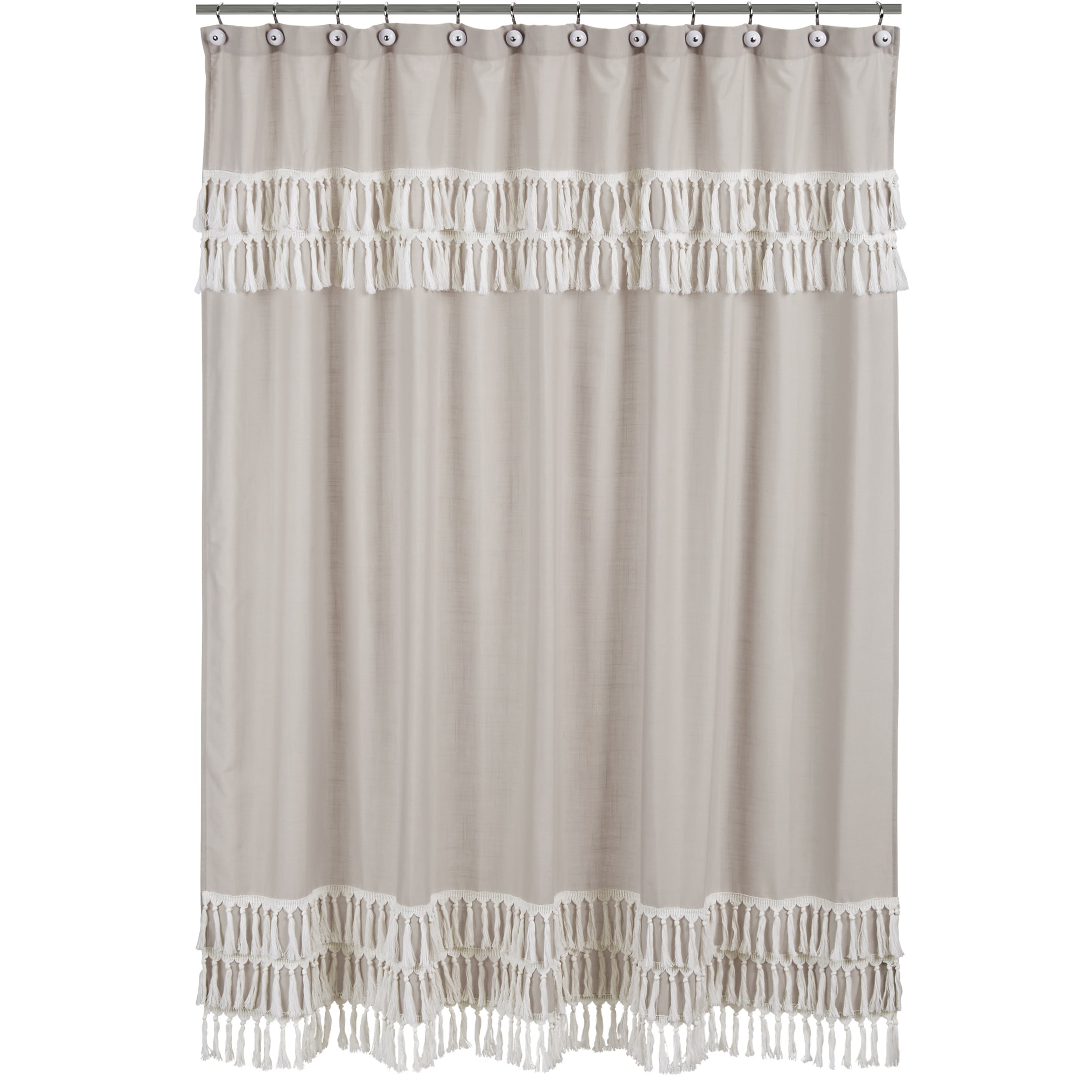 Boho Bohemian Bathroom Fabric Bath Shower Curtain - Solid Taupe Beige Ivory Cream Linen Farmhouse Shabby Chic Fringe Neutral