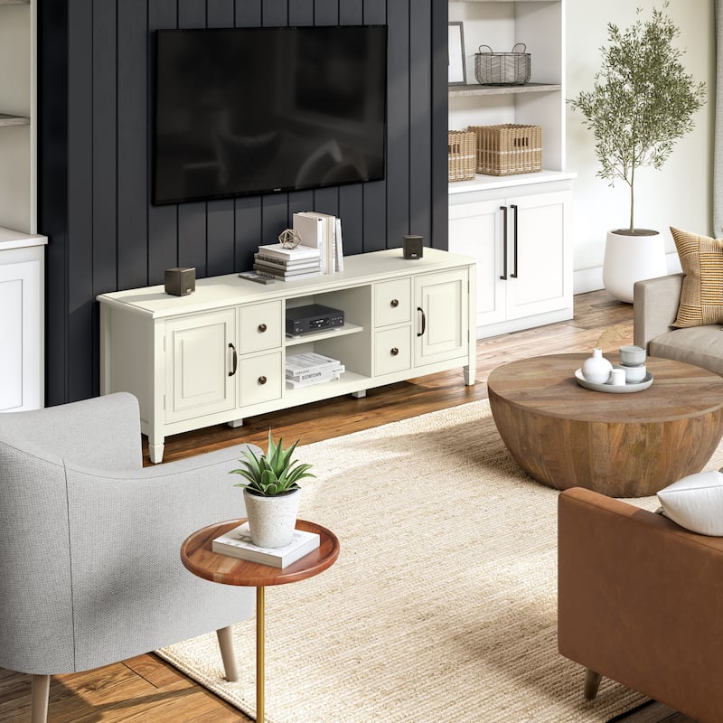 WYNDENHALL Hampshire SOLID WOOD 72 inch Wide Traditional TV Media Stand For TVs up to 80 inches - 72"w x 18"d x 24" h - Antique White