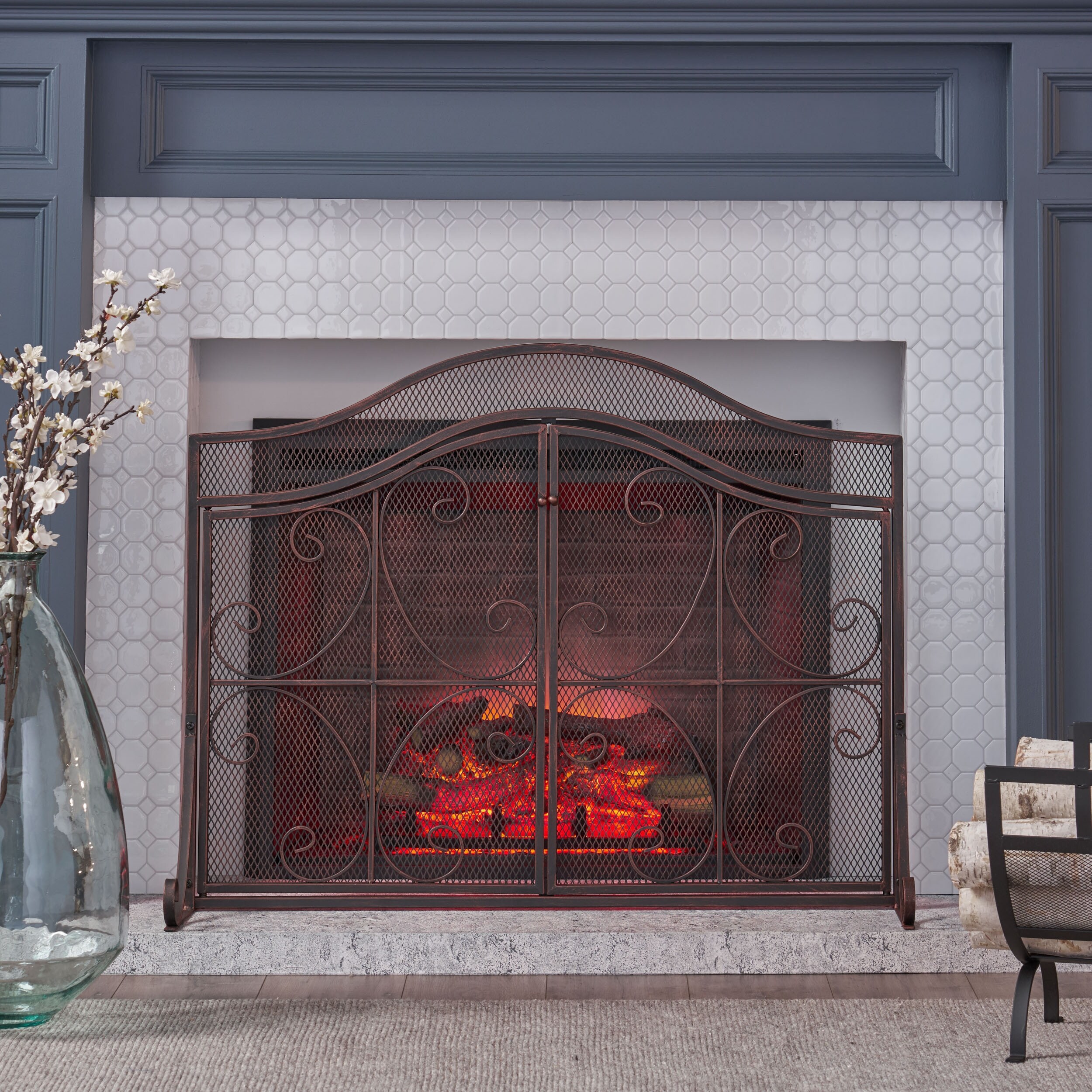 Calidola Flat Fireplace Screen With Doors - Wrought Iron Spark Guard With Modern Design 35x28 Inches