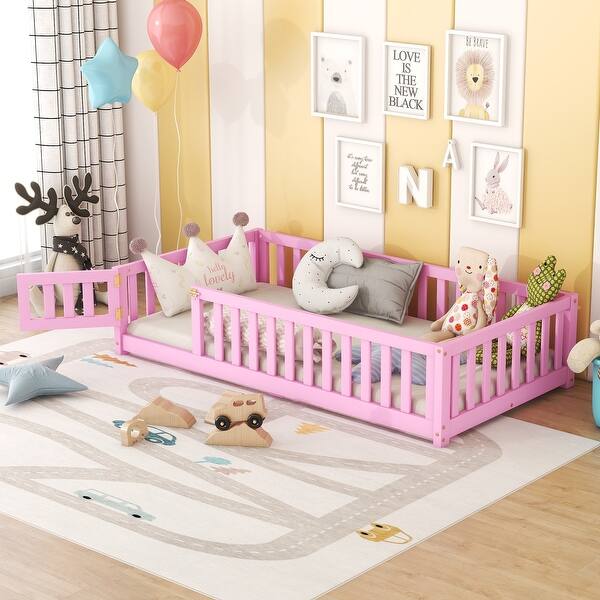 slide 2 of 9, Twin Size Floor Bed with Safety Guardrails and Door for Kids Pink - Twin